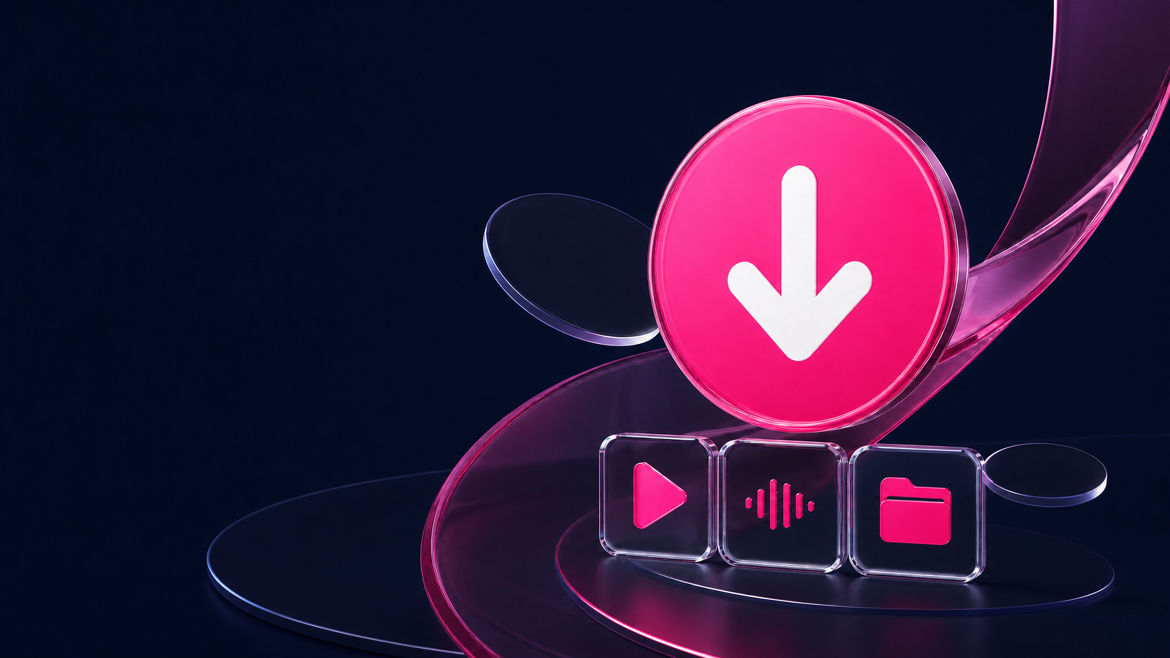 Pink download symbol with video, audio and folder controls